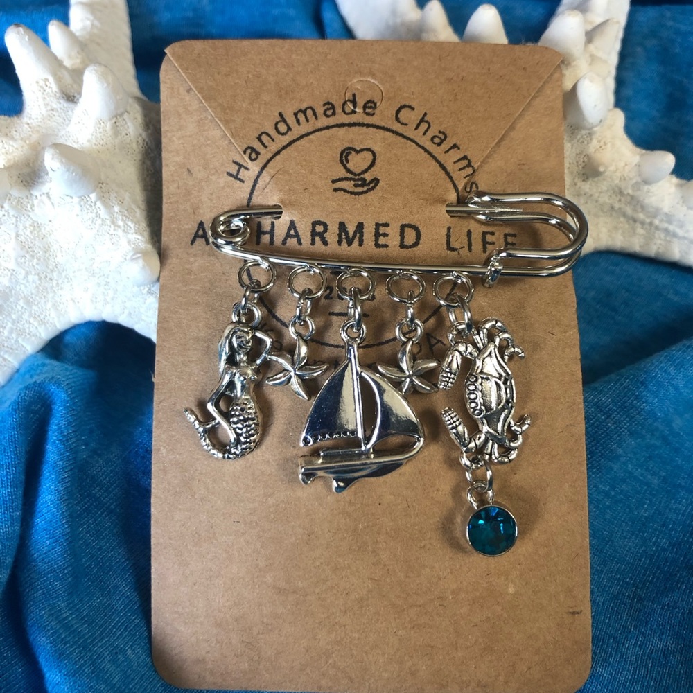NWT, Handmade by A Charmed Life. Silver Pin with Nautical Charms